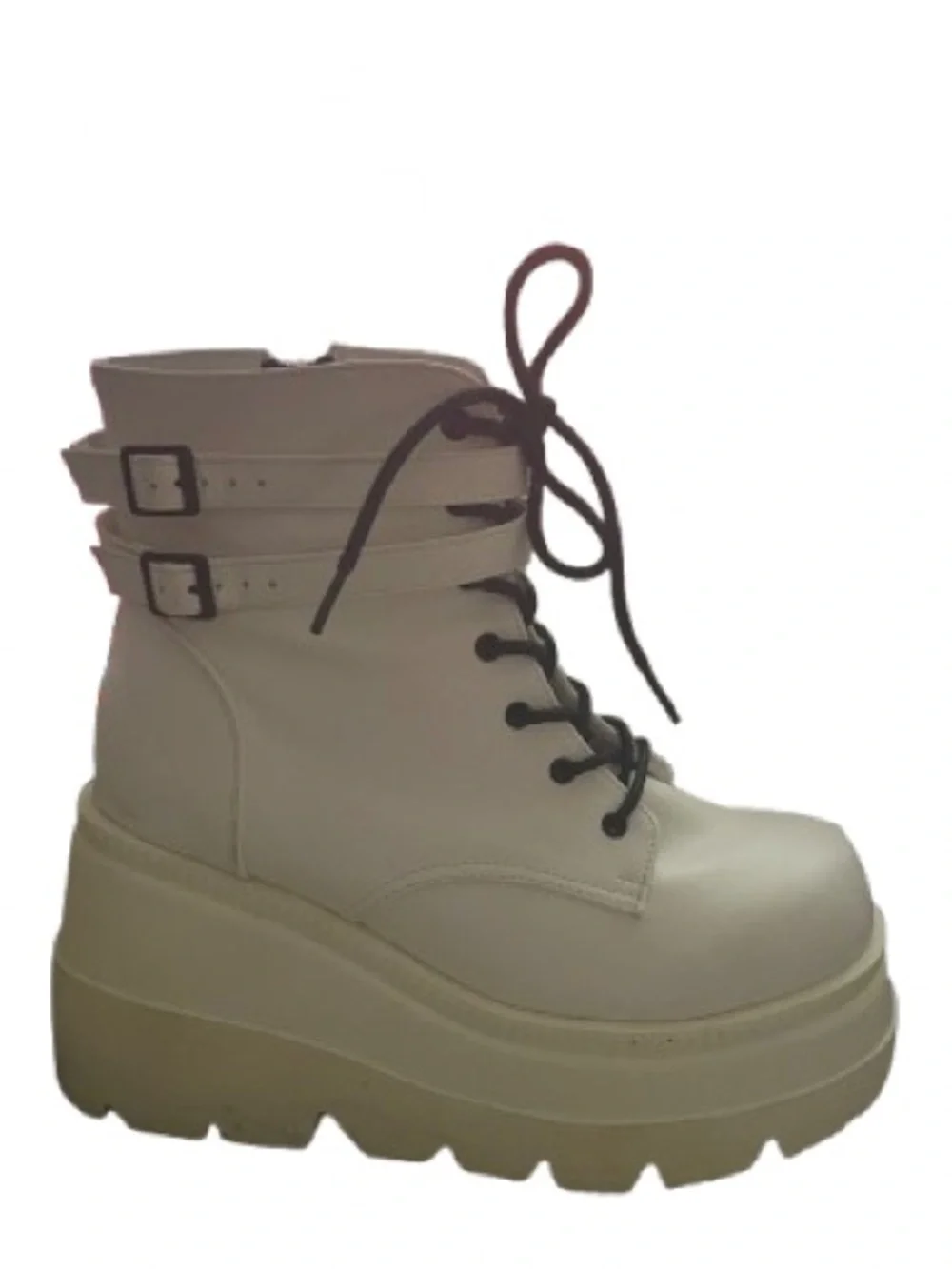 Demonia White Platform Combat Boots with Black Laces